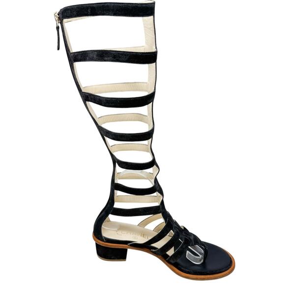 Chanel Suede Block Heel Gladiator Tall Sandals CC logo dark gray size 38 - Picture 8 of 13